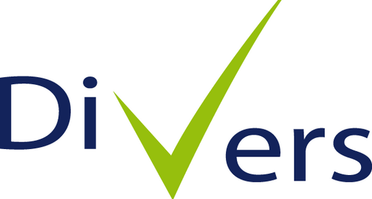 Schriftzug "Divers". Das "V" ist wie ein großer grüner Haken gestaltet.