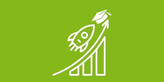 Eine Rakete steigt entlang eines Grafen nach rechts oben auf und trifft auf einen Doktorhut.