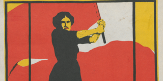 Ein altes Plakat mit einer wütend guckenden Frau, die eine Fahne schwenkt.